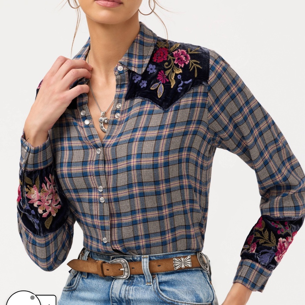 Johnny Was Puff Sleeve Western Shirt Cirla Plaid size M - Picture 5 of 7